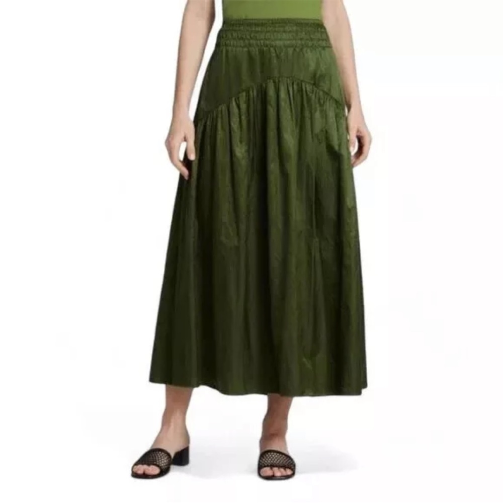 $445 Vince Tiered Smock Midi Skirt Elastic Waist Herb Green Cotton Sateen 12